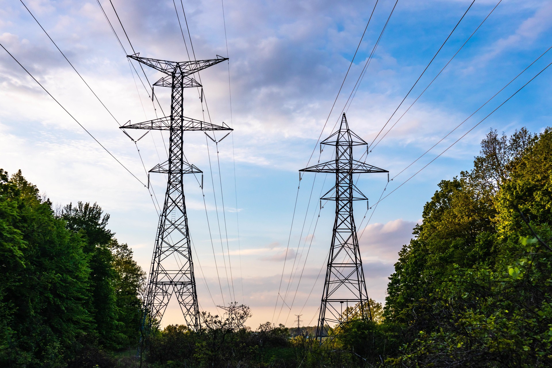 Low angle shot of the High voltage transmission line Ontario, Canada
