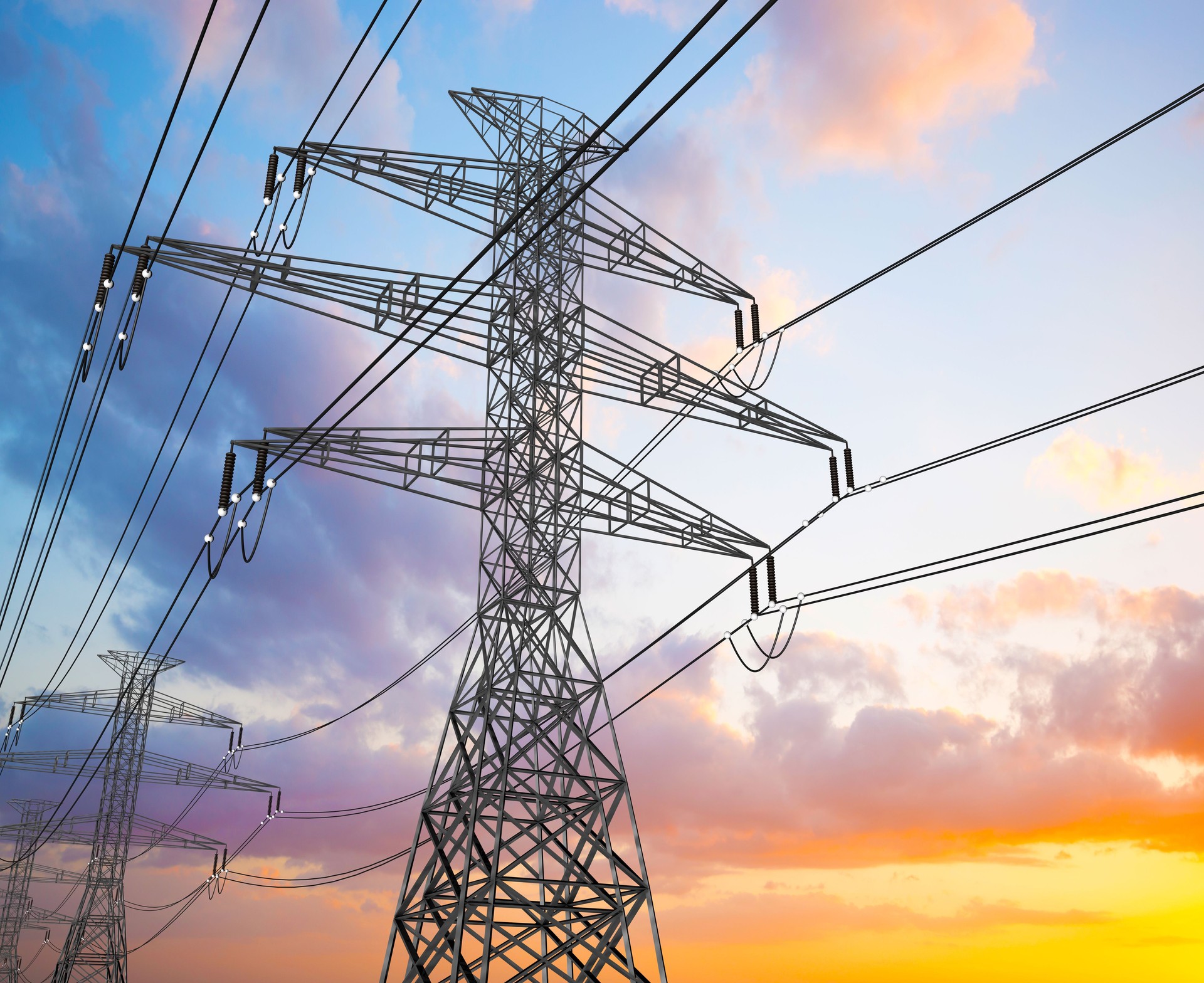 Electric Power Lines and Transmission Tower, Electric grid at sunset